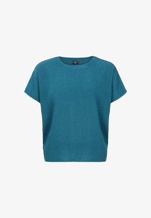 Kratki rukavi teal majica s teksturiranom tkaninom, okruglim izrezom i ležernim krojem. Ima ravni rub i minimalne šavove.