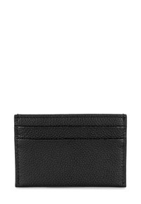 Zwarte leren kaarthouder met een textuurafwerking, voorzien van meerdere sleuven voor kaarten. Eenvoudige, rechthoekige vorm met versterkte stiksels.