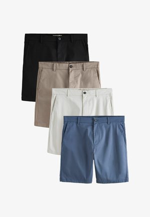 Quatre paires de shorts décontractés pour hommes en noir, beige, blanc et bleu, empilés verticalement sur un fond blanc.