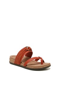 Orange suede slide sandal with knotted strap detail and two narrow crossed straps. Cork footbed and rubber outsole for comfort.