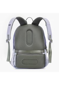 Zaino grigio e lavanda con texture perforata, spallacci imbottiti, tasca frontale con zip e cinture laterali regolabili per il comfort.