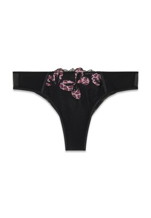 Black lace thong underwear with pink and black floral embroidery at the front and sheer side panels.