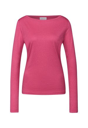 Maglietta rosa a maniche lunghe realizzata in morbido cotone. Presenta una scollatura ampia a girocollo e un design aderente. Texture liscia con dettagli minimi.