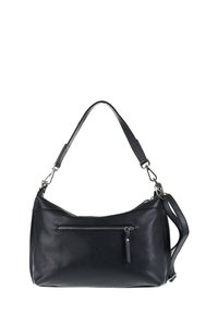 Zwarte leren handtas met een gestructureerd oppervlak, enkele schouderriem en een ritsvak aan de voorkant. Compacter ontwerp met metalen hardware accenten.