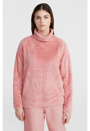 Lichtroze, zachte fleece pullover met een hoge kraag en lange mouwen, met een zachte textuur en een relaxed fit.