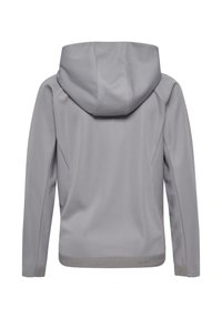 Grå huva jacka med långa ärmar, slät textur, med rundad nederkant och diskret logotyp på den nedre kanten. Bakifrån.