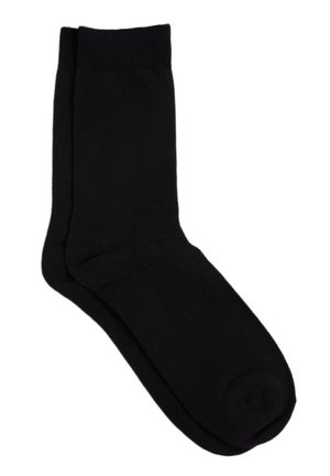 Schwarze Baumwollsocke mit glatter Textur, mittel-lang bis zur Wade, und einfachem Design mit geripptem Bund sowie verstärkten Zehen- und Fersenbereichen.