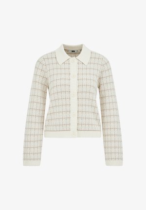 Bežinis ir baltas megztinis su mygtukais, su tekstūruotu langelių raštu ir banguotu apykakle, rankogaliais bei apačia.