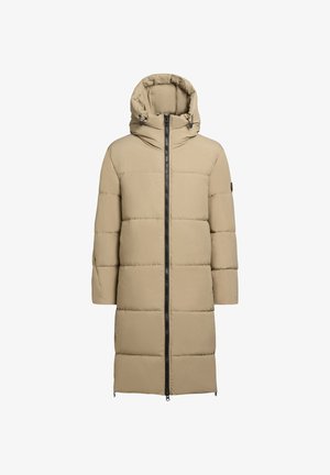 Beige Daunenjacke mit hohem Kragen, durchgehendem Reißverschluss und Kapuze. Sie hat ein gesteppte Design mit leicht übergroßen Ärmeln.