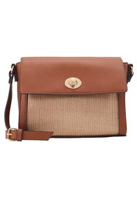 Borsa a tracolla marrone con pannello frontale intrecciato beige, chiusura a moschettone dorato e tracolla in pelle regolabile con fibbia dorata.