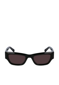 Occhiali da sole neri a forma di occhio di gatto, con lenti marroni scure e una montatura in plastica lucida. Le aste presentano una leggera curvatura per il comfort.