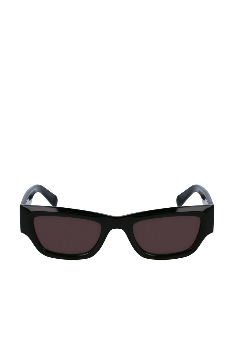 Lunettes de soleil noires en forme d'œil de chat, avec des verres brun foncé et une monture en plastique brillant. Les branches ont une légère courbure pour plus de confort.