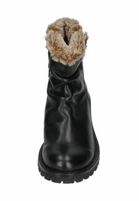Schwarze Leder-Winterstiefel mit dickem Gummisohlen und einem sichtbaren, hellbraunen Kunstfellfutter am oberen Rand.