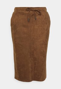 Jupe en suédine marron avec taille à cordon, longueur genou, texture lisse et fente sur le côté pour plus de mouvement et de confort.