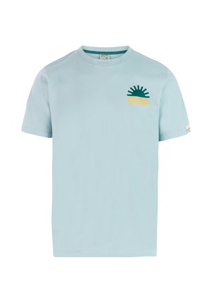 Hellblaues Baumwoll-T-Shirt mit einer grünen Sonne und einer gelben Wellen-Grafik. Klassischer Rundhalsausschnitt mit kurzen Ärmeln und lockerem Schnitt.