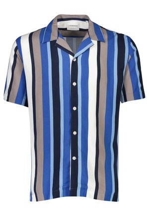 Camisa de manga corta a rayas en tonos azul claro y oscuro con detalles en beige y blanco. Presenta un cuello con muesca y cierre delantero con botones.