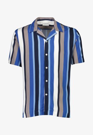 Short-sleeve shirt in light and dark blue stripes with beige and white accents. Features a notch collar and button-down front.
