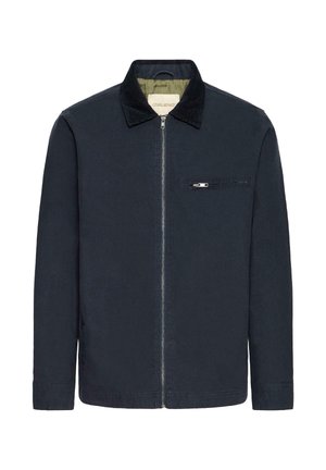 Marineblaue Jacke zum Reißverschluss mit schwarzem Cord-Kragen und Reißverschlusstasche auf der Brust, langen Ärmeln und grünem Innenfutter.