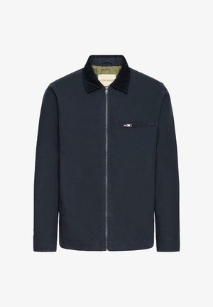 Navy blue zip-up jacket with black corduroy collar and zippered chest pocket, long sleeves, and green inner lining.