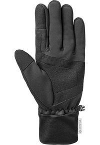 Schwarze Handschuhe aus strukturiertem Stoff mit einem verstärkten Handballen, elastischem Bündchen und verstellbarem Riemen, ausgestattet mit einem glatten Innenfutter.