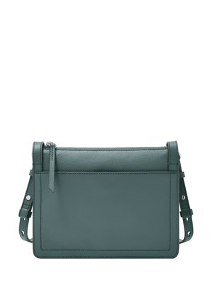 Sac bandoulière en cuir teal avec un dessus zippé, de forme rectangulaire, une sangle réglable et des coutures visibles sur les bords.