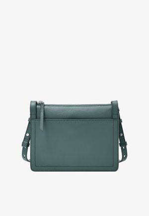 Sac bandoulière en cuir teal avec un dessus zippé, de forme rectangulaire, une sangle réglable et des coutures visibles sur les bords.