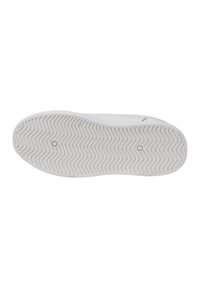 Suola di sneaker bianca con un motivo a zigzag. Superficie in gomma liscia, dettagli minimali e bordi arrotondati conferiscono un aspetto affusolato.