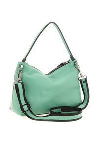 Borsa in pelle verde menta con tracolla regolabile nera e verde menta e chiusura con cerniera superiore.