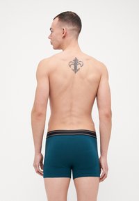 Türkisfarbene Boxershorts aus weichem Material, mit einem schwarz-grau gestreiften elastischen Bund. Die Rückansicht zeigt keine zusätzlichen Muster oder Details.