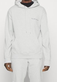 Sudadera de algodón gris con bolsillo canguro, capucha ajustable con cordón y logotipo bordado "FILLING NEEDS" en el pecho.