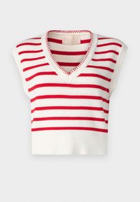 Bezrękawnik z białego dzianiny w czerwone poziome paski oraz dekoltem w kształcie litery V z czerwonymi detalami szycia.