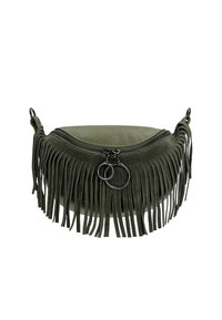 Olijfgroene franjer-handtas met een afgeronde vorm, textuurleer, ritssluiting en dubbele ringaccenten op de voorkant.