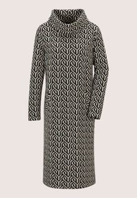 Langärmliges, knielanges Kleid mit einem schwarzen und beigen geometrischen Muster und einem breiten, gefalteten Rollkragen.