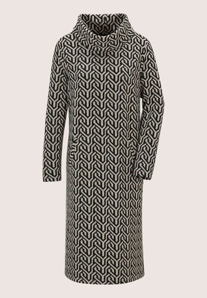 Long-sleeve, knee-length dress with a black and beige geometric pattern and a wide, folded turtleneck collar.