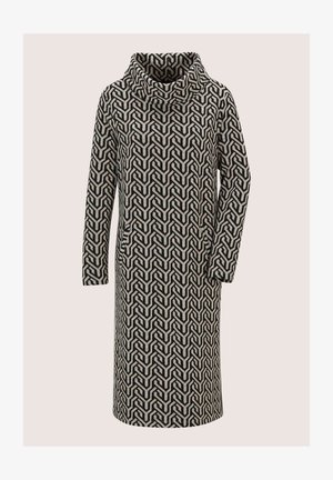 Langsleeve, jurk tot de knie met een zwart en beige geometrisch patroon en een brede, gevouwen col.