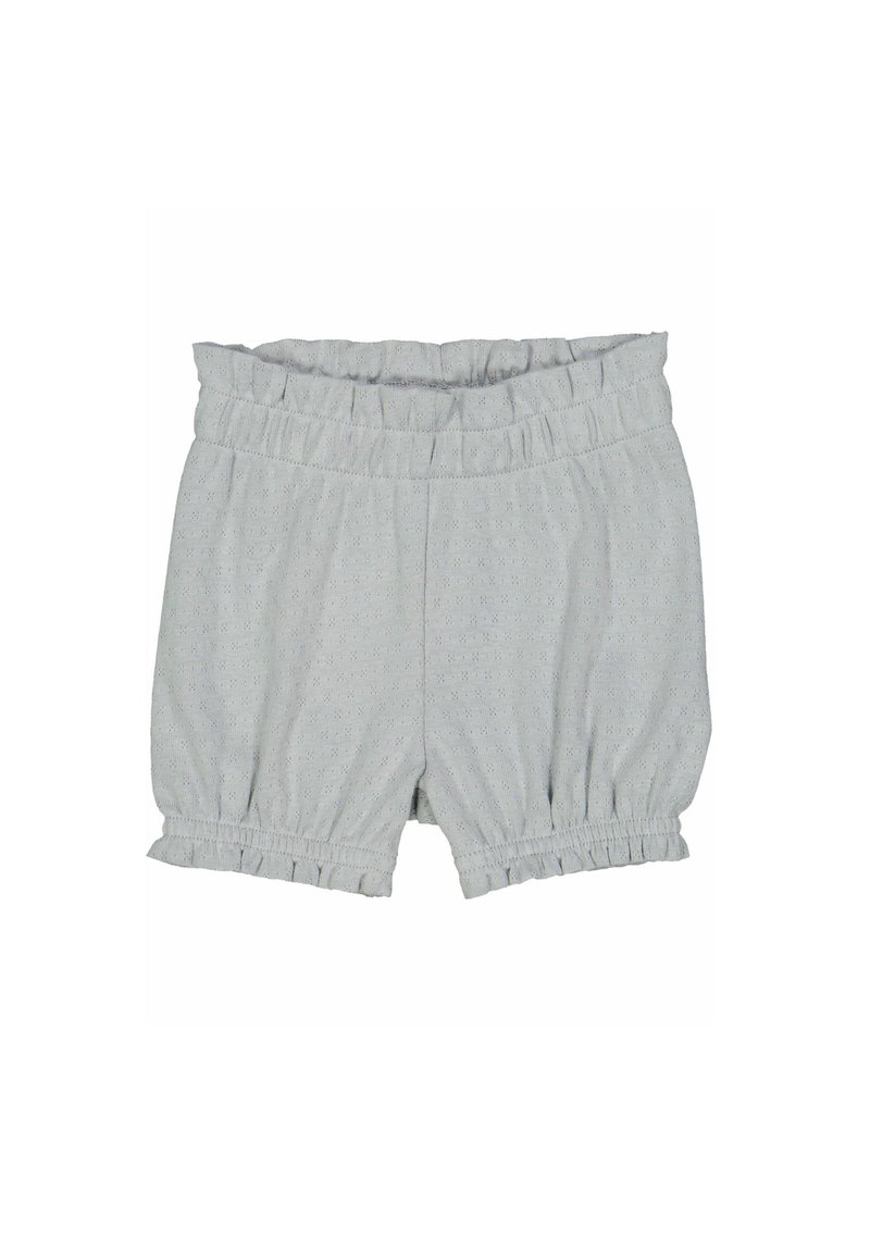 Šedé krátké kalhoty typu culottes vyrobené z měkké látky, s elastickým pasem, na spodním okraji s nařasenými volány a jemným texturovaným vzorem.