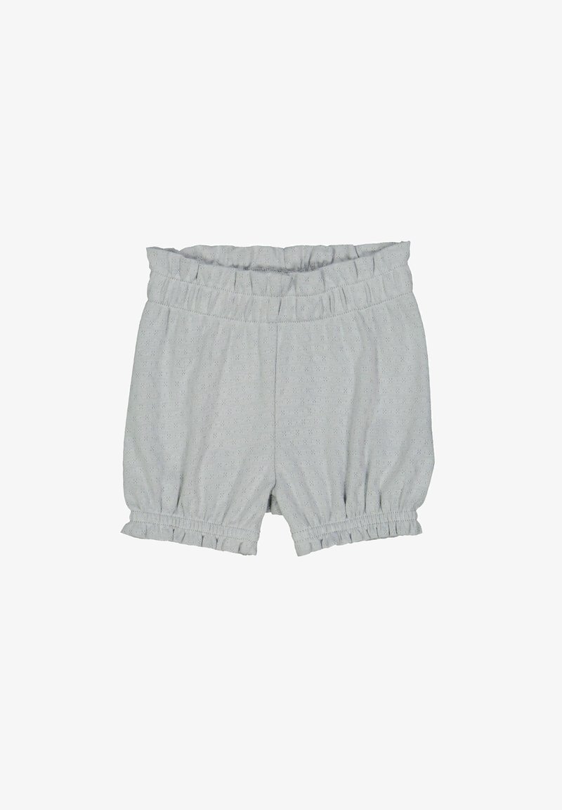 Šedé krátké kalhoty typu culottes vyrobené z měkké látky, s elastickým pasem, na spodním okraji s nařasenými volány a jemným texturovaným vzorem.