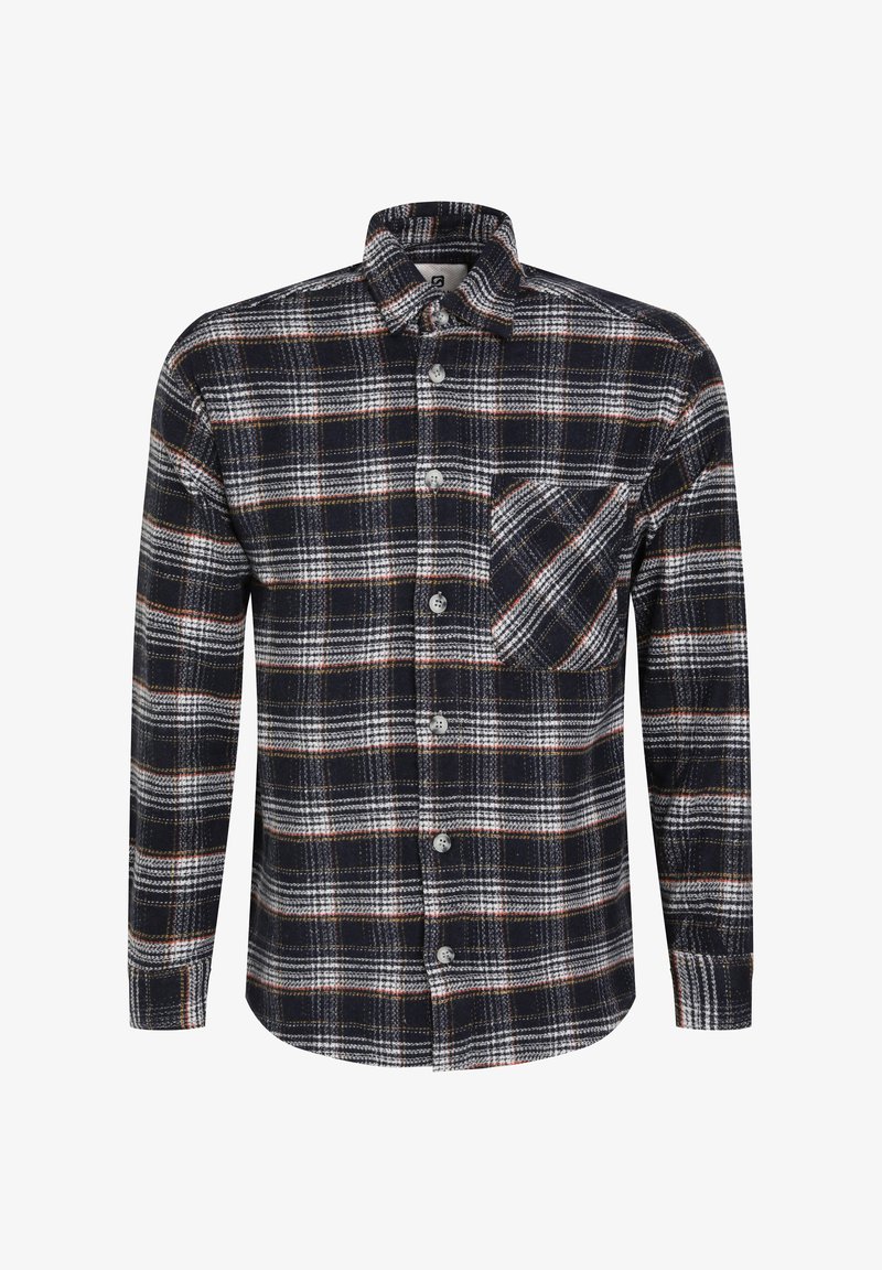 Camisa de franela para hombre en azul marino con un patrón de cuadros en blanco y naranja, con botonadura frontal, un bolsillo en el pecho y mangas largas.