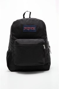 Sac à dos Jansport noir avec une poche zippée à l'avant, une poche latérale en mesh et une poignée en tissu. Le matériau est un polyester durable et lisse.
