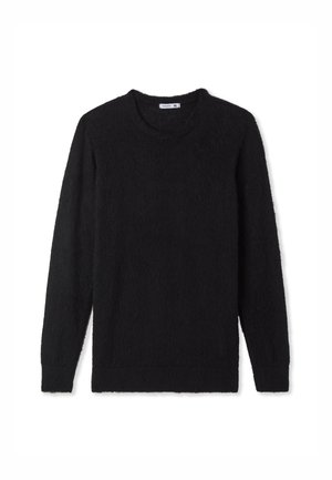 Maglione nero realizzato in tessuto morbido, con scollatura a girocollo e maniche lunghe. La texture appare soffice, con una vestibilità comoda e privo di fantasie.