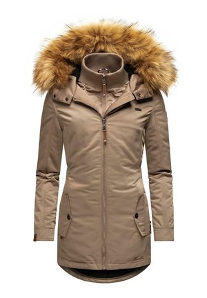 Beige parka with a faux fur hood, zip front, high collar, two front pockets, and a slightly longer back hem. Smooth texture and padded design.