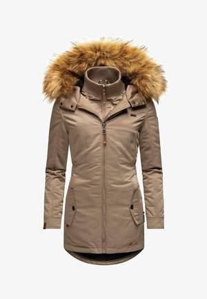 Parka bej cu glugă din blană sintetică, fermoar în față, guler înalt, două buzunare frontale și o parte din spate ușor mai lungă. Textură netedă și design captusit.