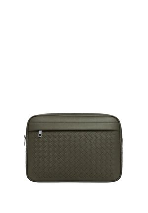 Rectangular olive green leather pouch with woven texture on front and a horizontal zippered pocket at top.