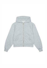 Sudadera gris con cremallera, capucha, mangas largas, puños acanalados, dos bolsillos frontales y detalle de cremallera dorada. Fabricada con un tejido suave y texturizado.