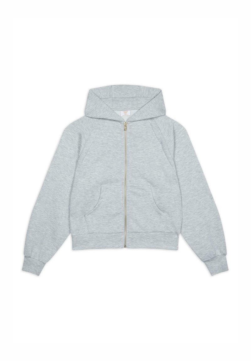Sudadera gris con cremallera, capucha, mangas largas, puños acanalados, dos bolsillos frontales y detalle de cremallera dorada. Fabricada con un tejido suave y texturizado.