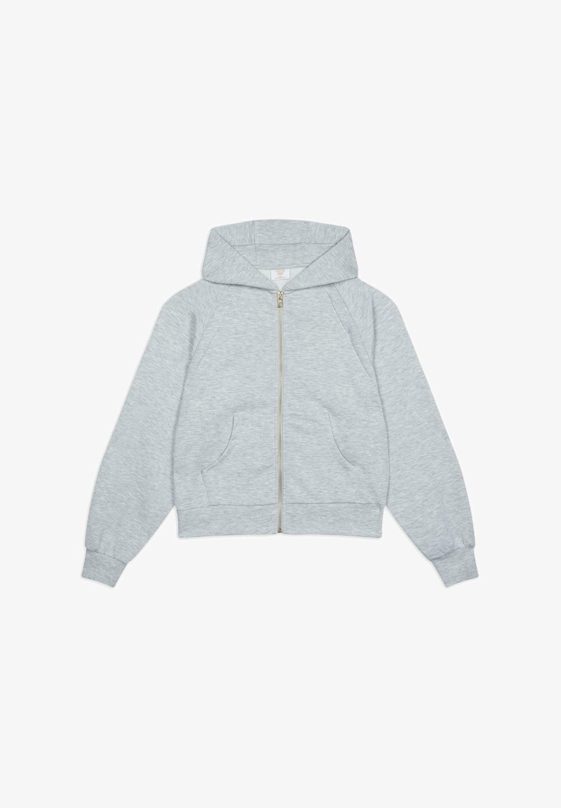 Gray zip-up hoodie with a hood, long sleeves, ribbed cuffs, two front pockets, and gold zipper detail. Made from soft, textured fabric.