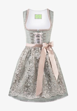 Dirndl-Kleid aus hellblauer Spitze mit einem satinartigen Taillengürtel. Es weist florale Muster und eine Schnürung im Korsettstil mit Rüschendetails auf.