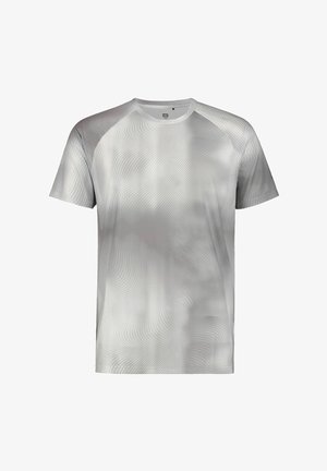 Harmaa urheilupaita, jossa on sileä, teksturoitu pinta, hienovarainen aaltoileva kuvio, lyhyet hihat, pyöreä pääntie ja rento istuvuus.