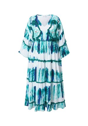 Valkoinen mekko, jossa on teal- ja siniset pystysuorat raidat, V-pääntie, röyhelöhihoja ja kerroksia; jossa on vihreää brodeerausta kaula-aukon ympärillä.