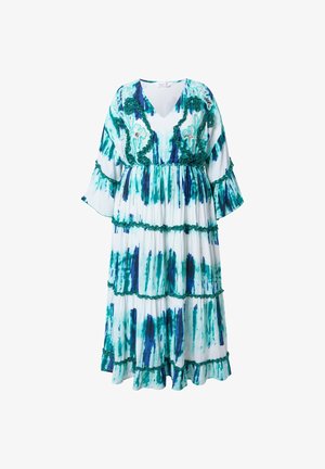 Hvid kjole med teal- og blå lodrette striber, V-udskæring, flæseærmer og lag; pyntet med grøn broderi langs udskæringen.